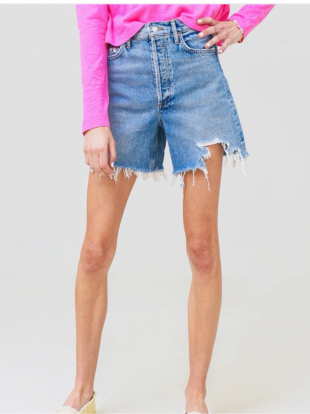 Agolde Light Blue Stella Distressed Denim Jean Shorts - Picture 2 of 8